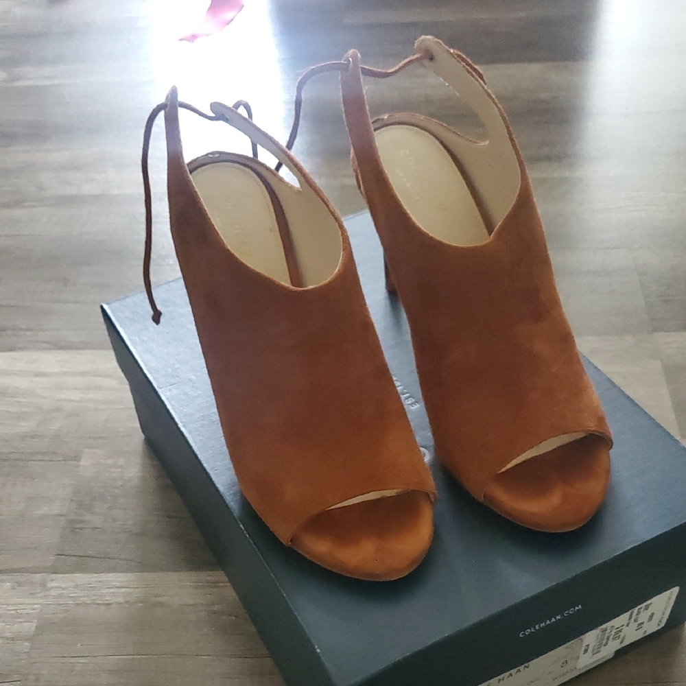 Brown Suede Peep-Toe Heels with Tie Back